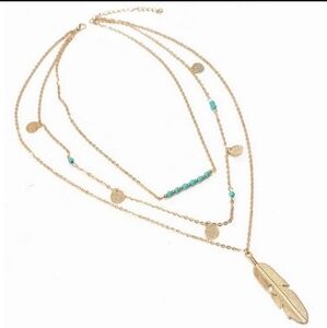 Boho Gold Turquoise Bar Layered‎ Feather Necklace